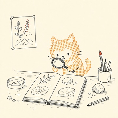 ドット絵の猫がルーペでノートを観察する挿絵