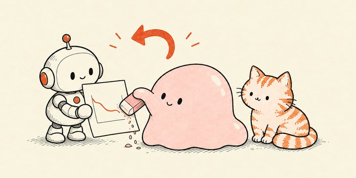 ロボットが渡した紙の間違いを、スライムが消しゴムで直している挿絵