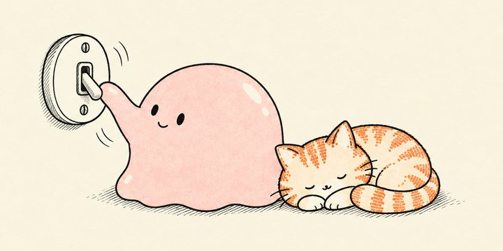 スライムが壁のスイッチを切り、隣で猫が眠っている挿絵