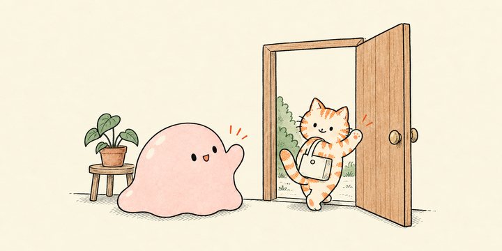 猫が手を振ってドアから出ていき、スライムも笑顔で手を振り返している挿絵