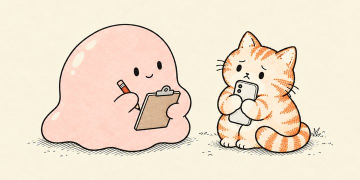 猫がスマホを抱きしめて不安そうな顔をし、スライムがクリップボードを持って話を聞いている挿絵