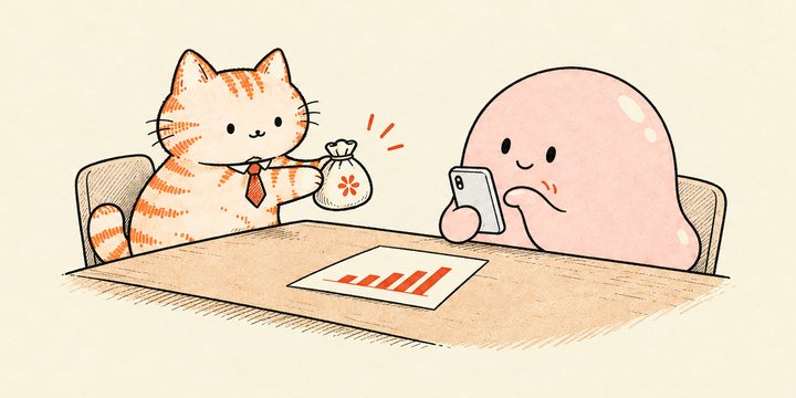 ネクタイの猫が小銭袋を渡し、向かいのスライムがスマホを使っている挿絵。机には棒グラフの紙があります