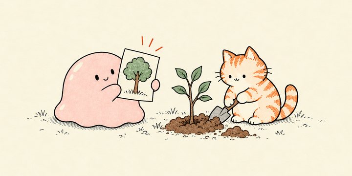 スライムが木の絵を掲げ、猫が本物の苗木を植えている挿絵