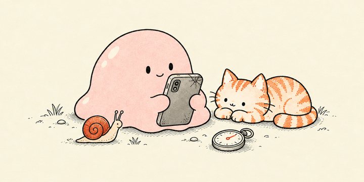 スライムが角の割れた古いスマホを持ち、足元をカタツムリが進んでいる挿絵