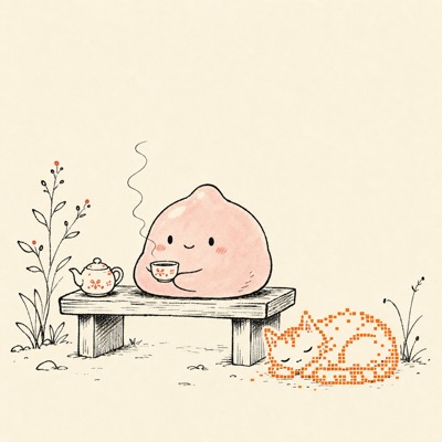 ベンチでお茶をのむスライムと、隣で眠る猫の挿絵