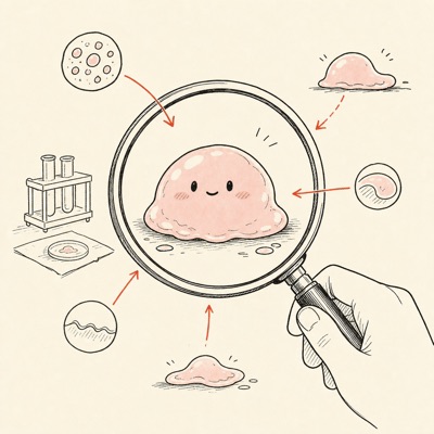 虫眼鏡でスライムを標本のように観察する挿絵