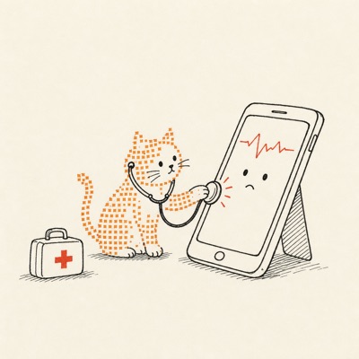 ドット絵の猫が聴診器でスマホを診察する挿絵
